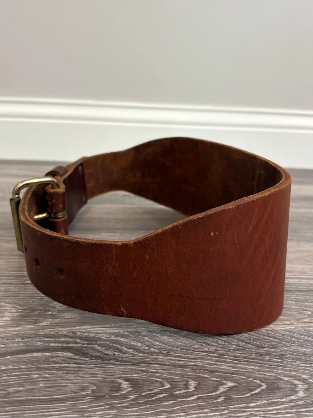 Vintage Thick Brown Leather Weightlifting Powerlifting Belt Brass Buckle
